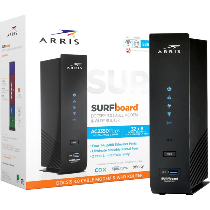 ARRIS SURFboard SBG7600AC2 DOCSIS 3.0 Cable Modem & AC2350 Wi-Fi Router Four 1 Gbps Ports , 800 Mbps Max Internet Speeds