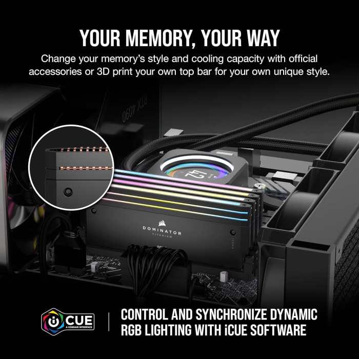 Пам'ять для настільних комп'ютерів Corsair DOMINATOR® TITANIUM RGB 64GB (2x32GB) DDR5 DRAM 6600MTs CL32 Intel XMP Memory Kit — Black (CMP64GX5M2X6600C32)