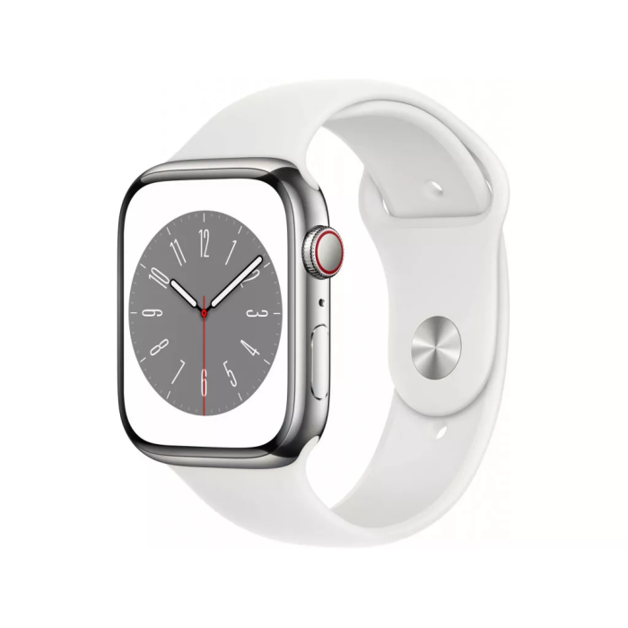 Apple Watch Series 8 GPS + Cellular 45mm Silver S. Steel Case w. White S. Band (MNKE3)