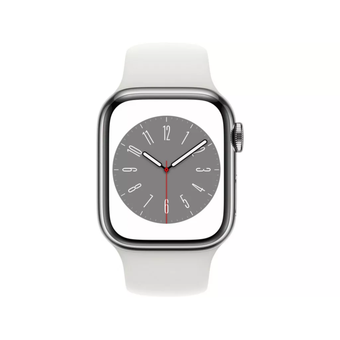 Apple Watch Series 8 GPS + Cellular 45mm Silver S. Steel Case w. White S. Band (MNKE3)