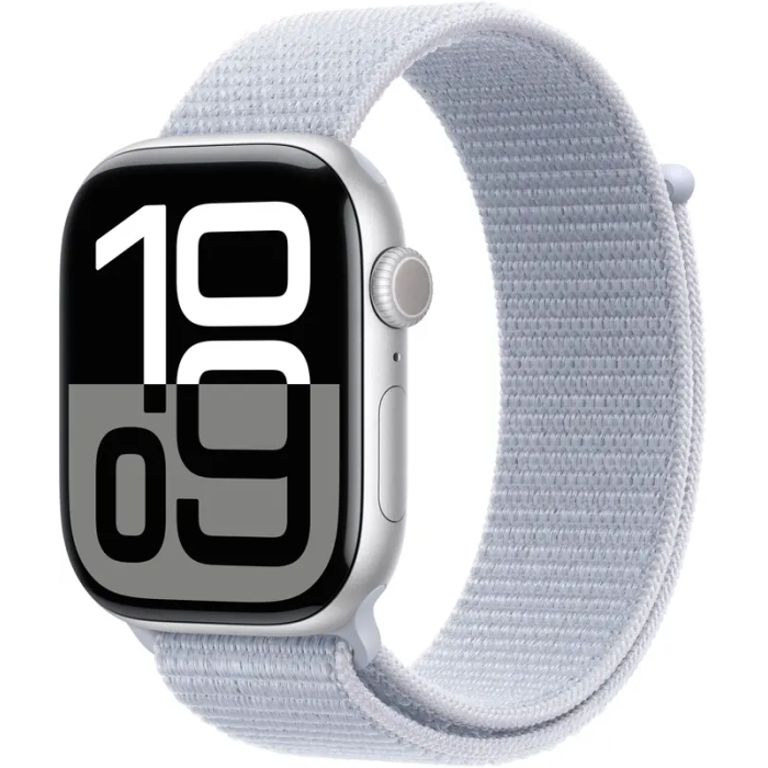 Apple Watch Series 10 GPS 46mm Silver Aluminum Case w. Blue Cloud Sport Loop (MWWN3)