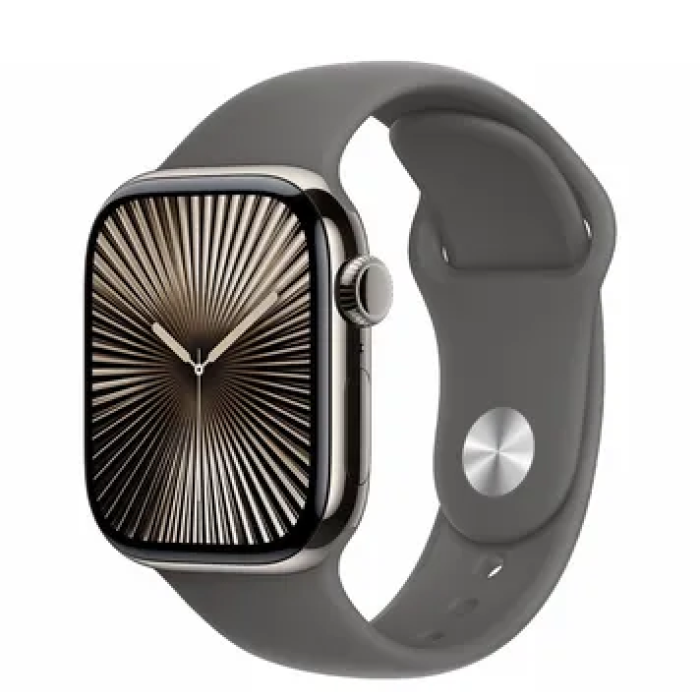 Apple Watch Series 10 GPS + Cellular 42mm Natural Titanium Case w. Stone Grey Sport Band - M/L (MWXE3)