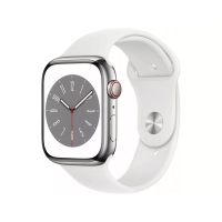 Apple Watch Series 8 GPS + Cellular 45mm Silver S. Steel Case w. White S. Band (MNKE3)