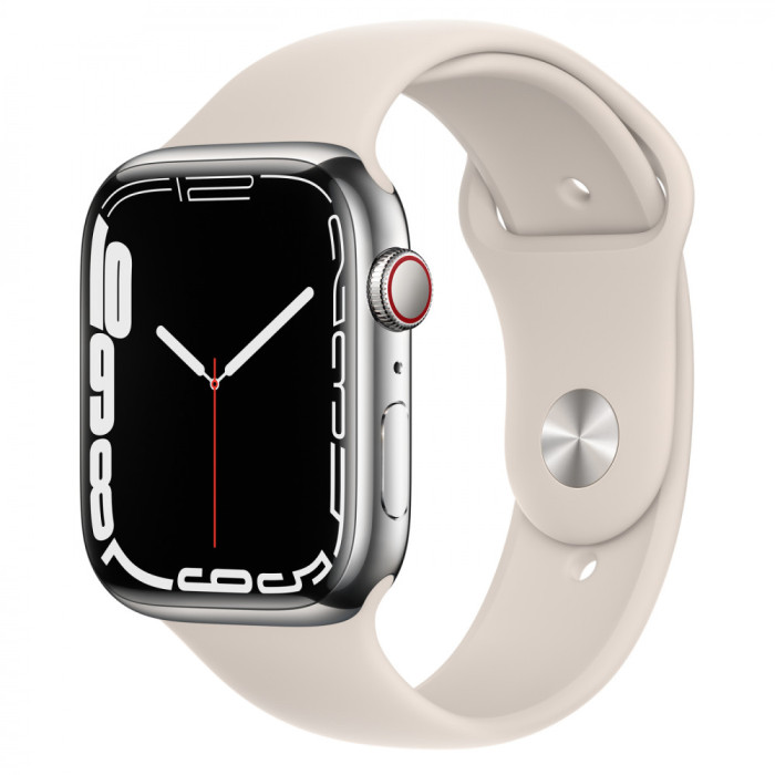 Apple Watch Series 7 GPS + Cellular 41mm Silver Stainless Steel Case w. Starlight Sport Band (MKHE3)