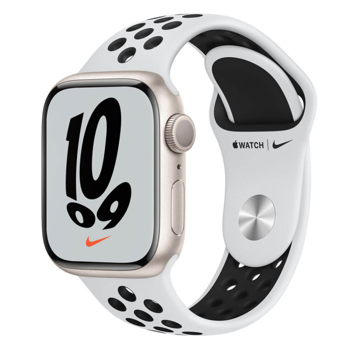 Apple Watch Nike Series 7 GPS 45mm Starlight Aluminum Case w. Pure Platinum/Black Nike Sport Band (MKNA3)