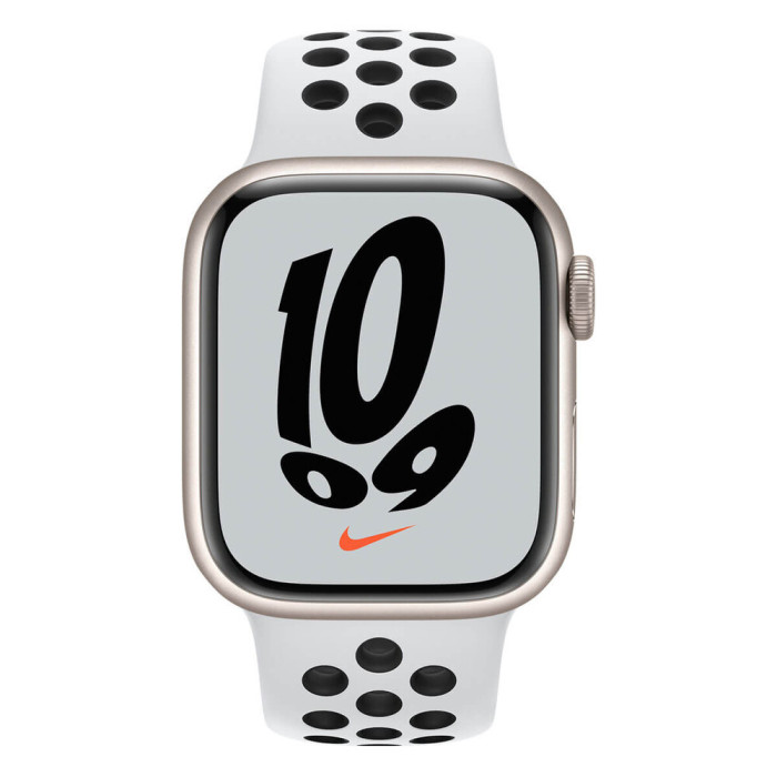 Apple Watch Nike Series 7 GPS 45mm Starlight Aluminum Case w. Pure Platinum/Black Nike Sport Band (MKNA3)
