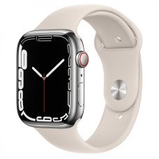 Apple Watch Series 7 GPS + Cellular 41mm Silver Stainless Steel Case w. Starlight Sport Band (MKHE3)