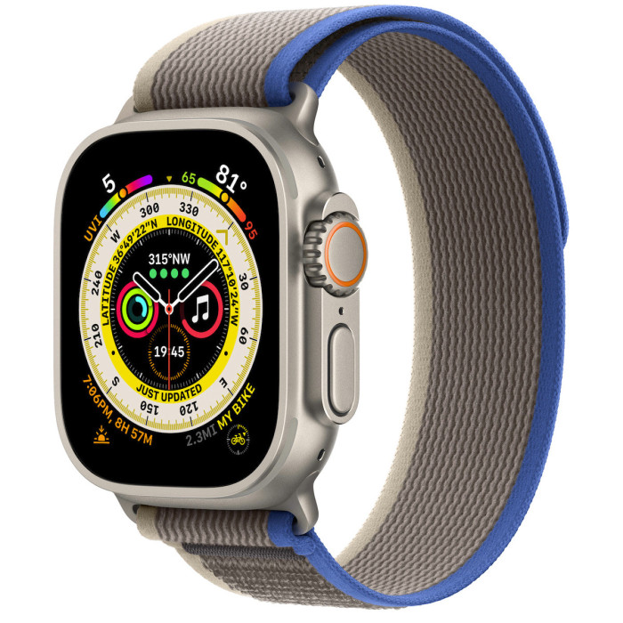Apple Watch Ultra GPS + Cellular 49mm Titanium Case with Blue/Gray Trail Loop - S/M (MNHE3/MNHL3)