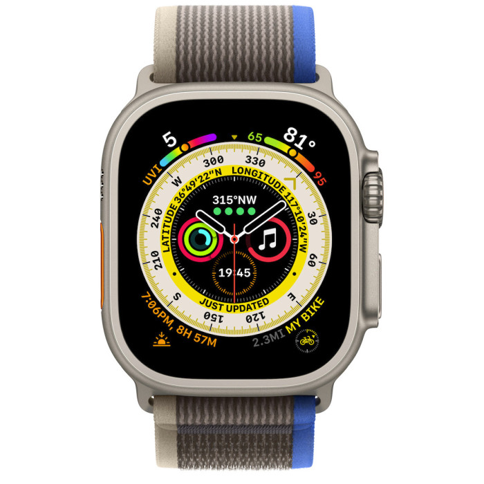 Apple Watch Ultra GPS + Cellular 49mm Titanium Case with Blue/Gray Trail Loop - S/M (MNHE3/MNHL3)