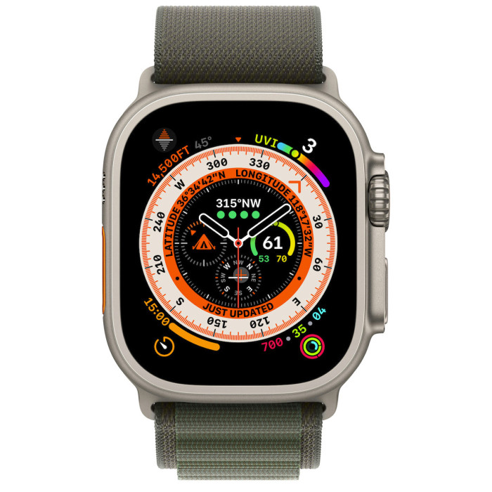 Apple Watch Ultra GPS + Cellular 49mm Titanium Case with Green Alpine Loop - Small (MNHC3/MNHJ3)