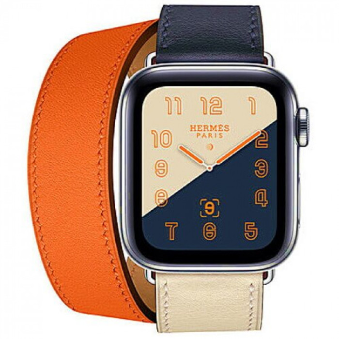 Apple WATCH Hermes Series 4 GPS + LTE 40mm Stainless Steel Case with Indigo/Craie/Orange Swift Leather Double Tour (MU7K2)