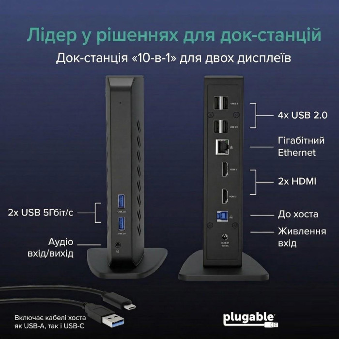 Док-станция Plugable Dual 1080p HDMI USB-C &amp;amp; USB 3.0, 10 Ports для Windows / ChromeOS / macOS (UD-3900Z)