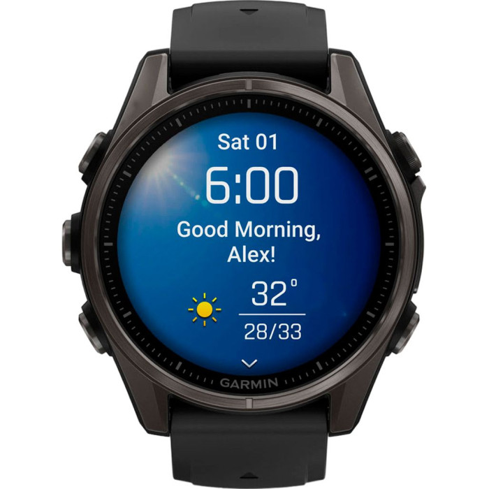 Смарт-годинник Garmin Fenix 8 43mm AMOLED Sapphire Carbon Gray DLC Tit. w. Black/Pebble Gray S. Band (010-02903-20/21/28)