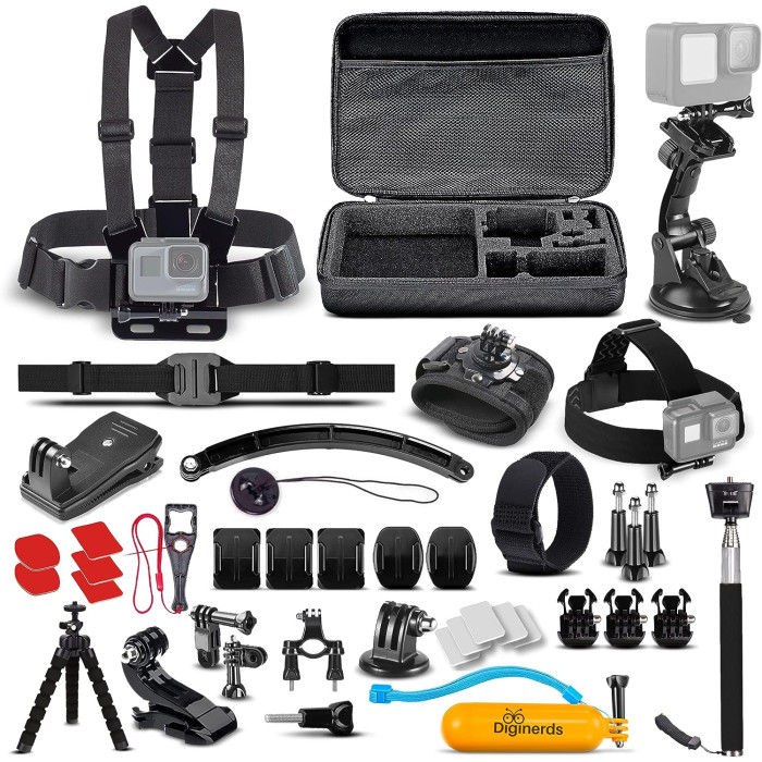 DigiNerds 50 in 1 Action Camera Accessory Kit Compatible with GoPro Hero11/10/9/8/7/6/5, GoPro Max, GoPro Fusion 10+ (DNACTIONKIT50V2BK)