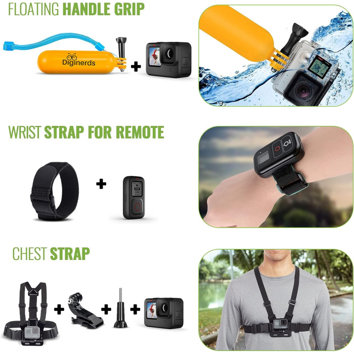 DigiNerds 50 in 1 Action Camera Accessory Kit Compatible with GoPro Hero11/10/9/8/7/6/5, GoPro Max, GoPro Fusion 10+ (DNACTIONKIT50V2BK)